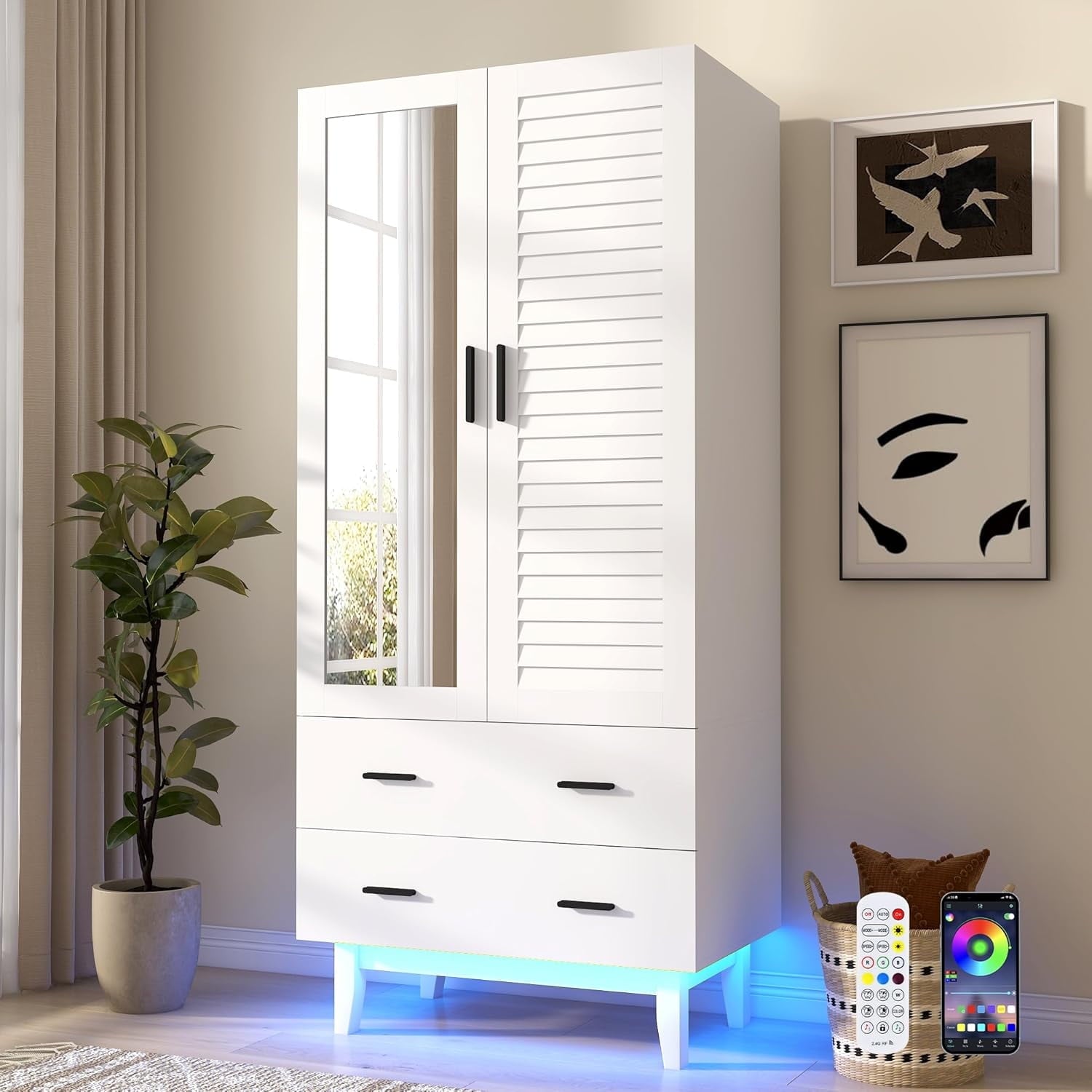 Blotout 70 Armoire Wardrobe Closet with Mirror & LED Lights, LED White Louver Door Wardrobe Armoire with 3 Drawers & Hanging Rods, Large 3 Doors Armoire Storage with Multi-Layer Shelves