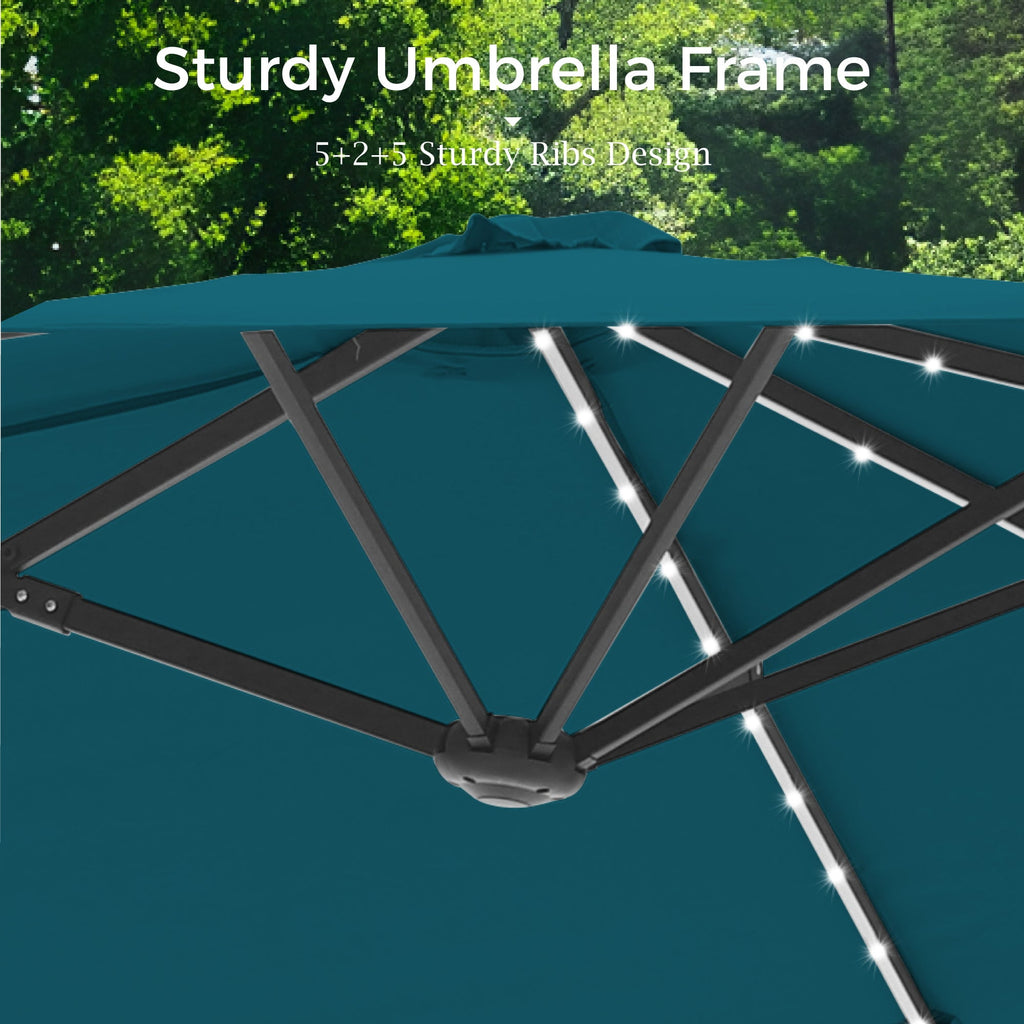 Alpha Joy 13ft Large Double-Sided Outdoor Patio Umbrella with Colorful Solar Lights, Navy Blue