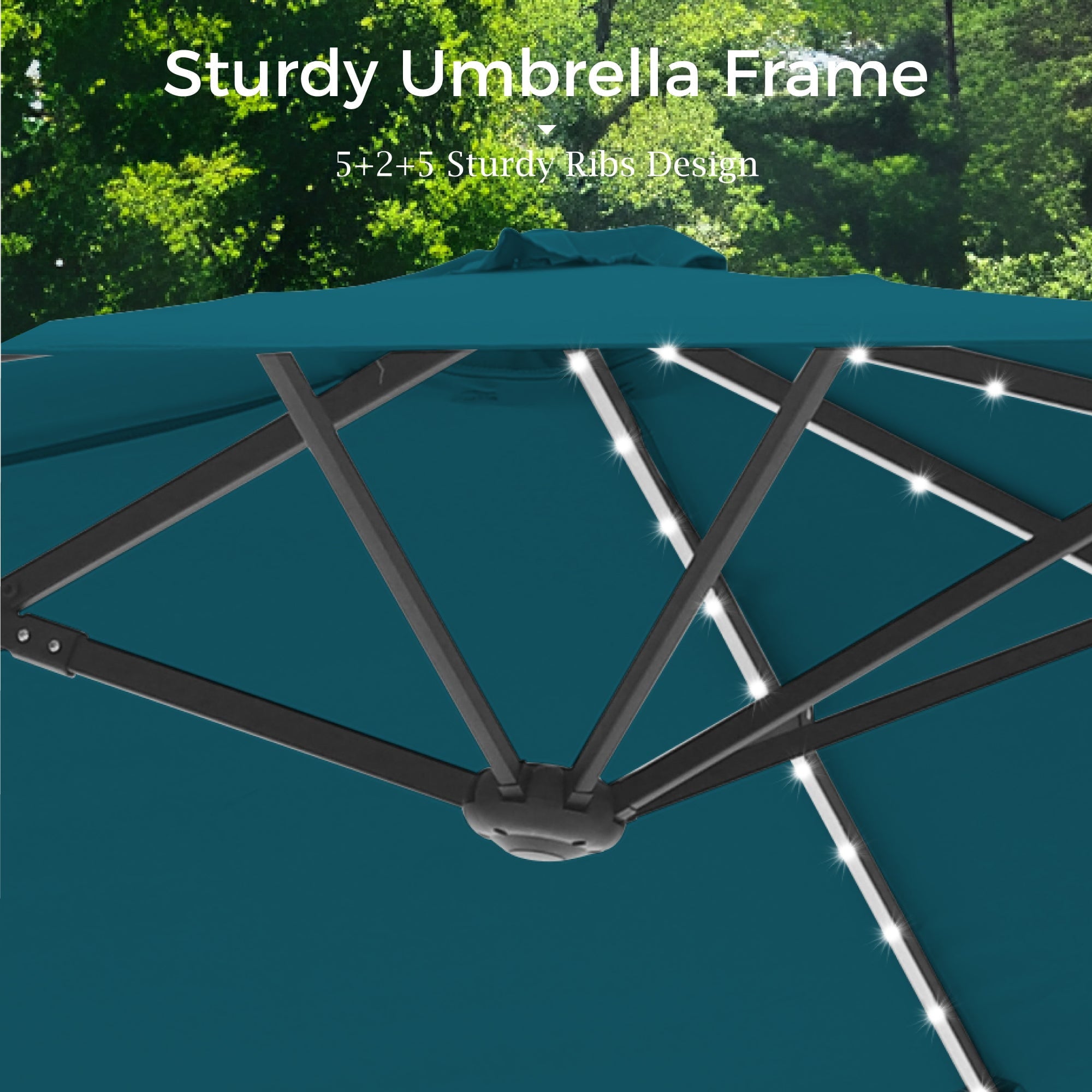Alpha Joy 13ft Large Double-Sided Outdoor Patio Umbrella with Colorful Solar Lights, Navy Blue