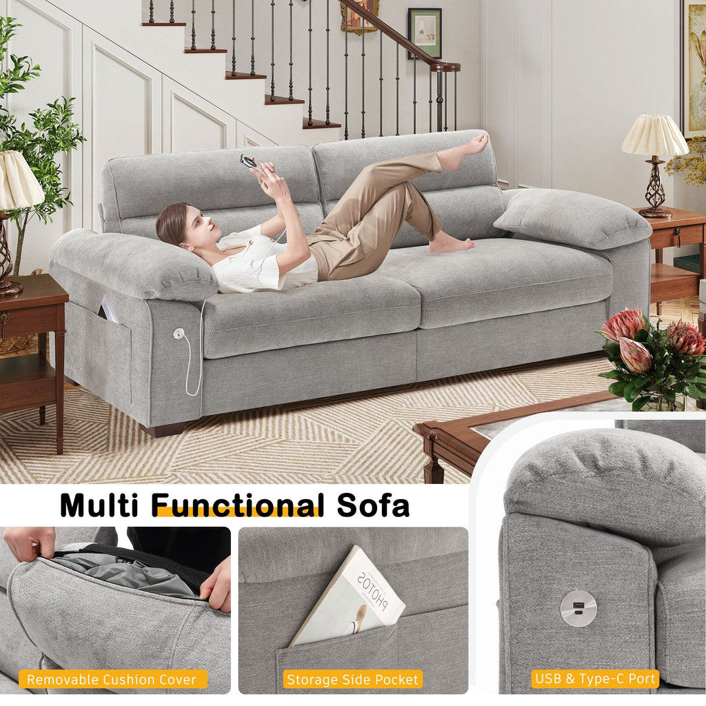 Bedluxury 89 Deep Sofa Couch with USB/Type-C Charging, Storage Pocket & Wide Armrest, Removable Cover, Seats 3 Adults, Chenille Beige