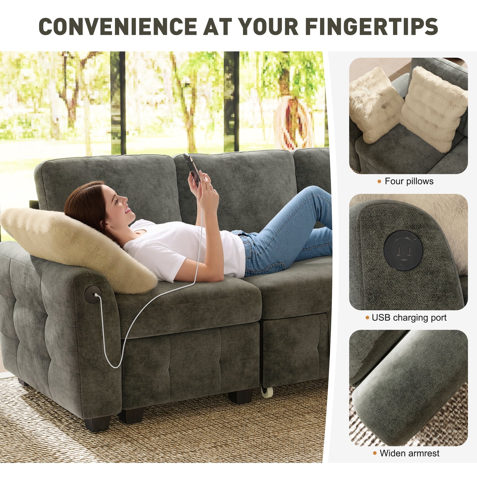 BedLuxury 83 Sectional Sleeper Sofa With Pull Out Bed, Storage Seat & USB Charging, L Shape Modern Couch for Living Room, Corduroy Gray