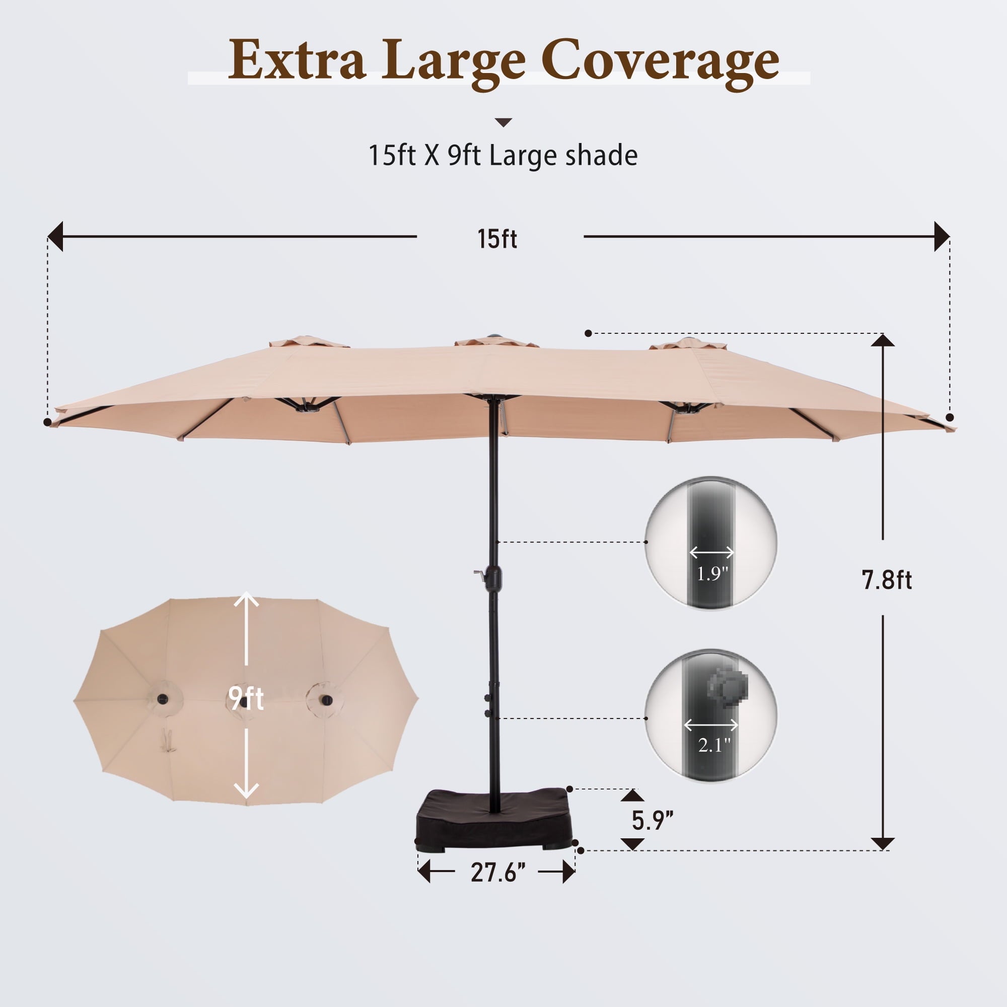 SUMMIT LIVING 15 ft Large Patio Umbrella with Base (Included) Double-Sided Rectangular Outdoor Deck Umbrella for Outside - Beige