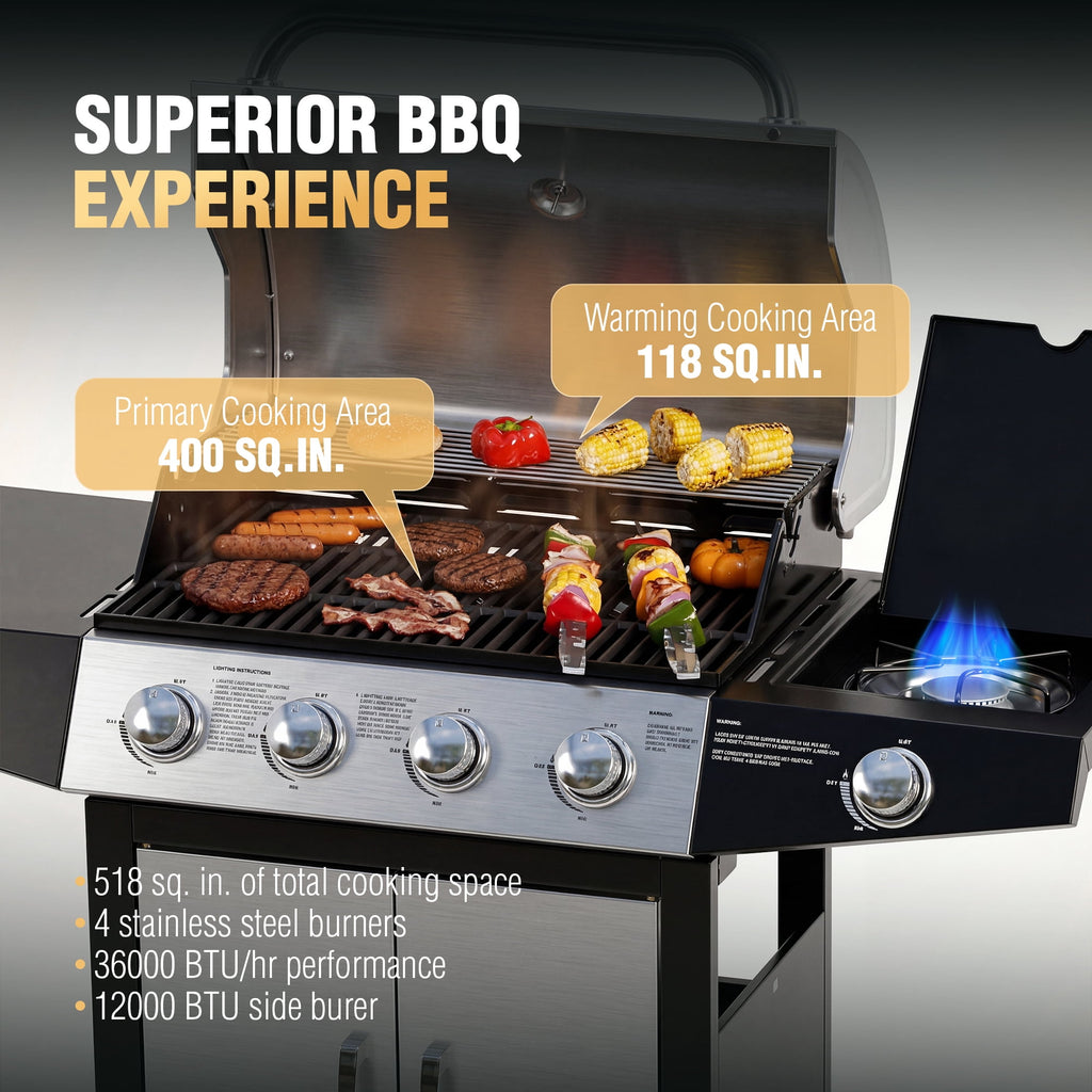 MASTER COOK 4+1 Burners Propane Gas Grill, 52,000 BTU Cabinet BBQ Grill with Side Stove, 518 Sqin Cooking Area, Stainless Steel