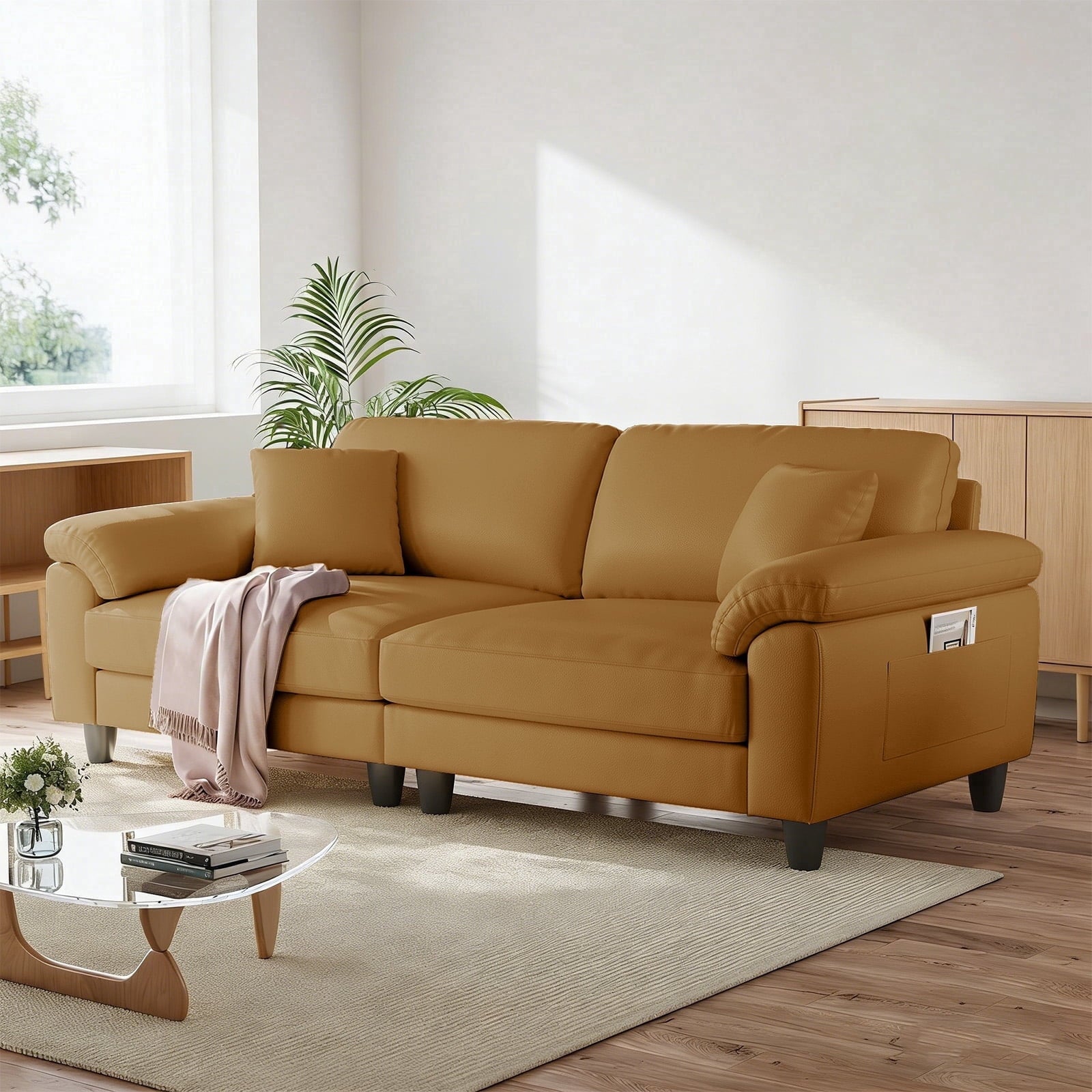 83 Couch Premium PU Leather Sofa, Deep Seat Oversized Loveseat for Living Room (Includes 2 Pillows), Brown