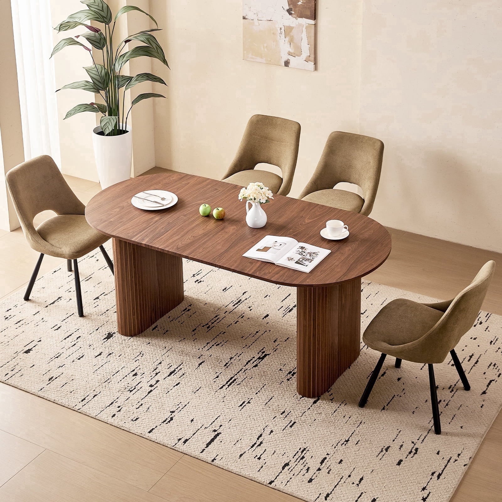 71 Natural Large Dining Table Set for 4 Modern Kitchen Table with Beige Boucle Upholstered Kitchen Chairs Set of 4