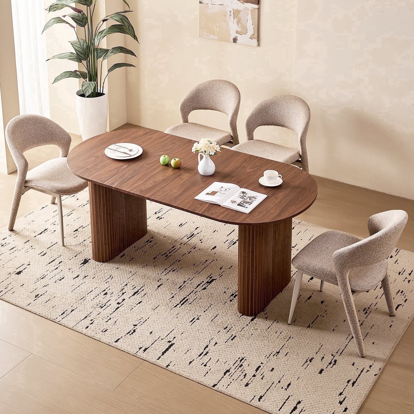 71 Natural Large Dining Table Set for 4 Modern Kitchen Table with Beige Boucle Upholstered Kitchen Chairs Set of 4