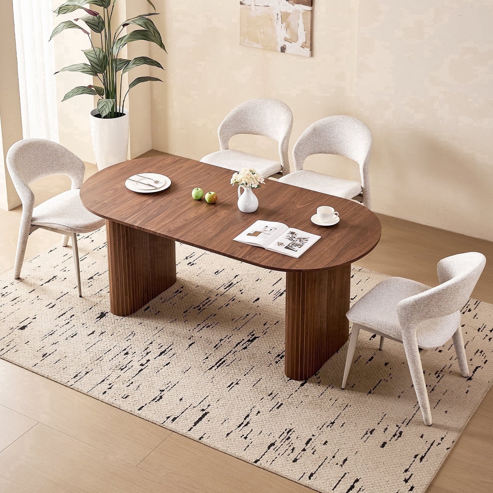 71 Natural Large Dining Table Set for 4 Modern Kitchen Table with Beige Boucle Upholstered Kitchen Chairs Set of 4