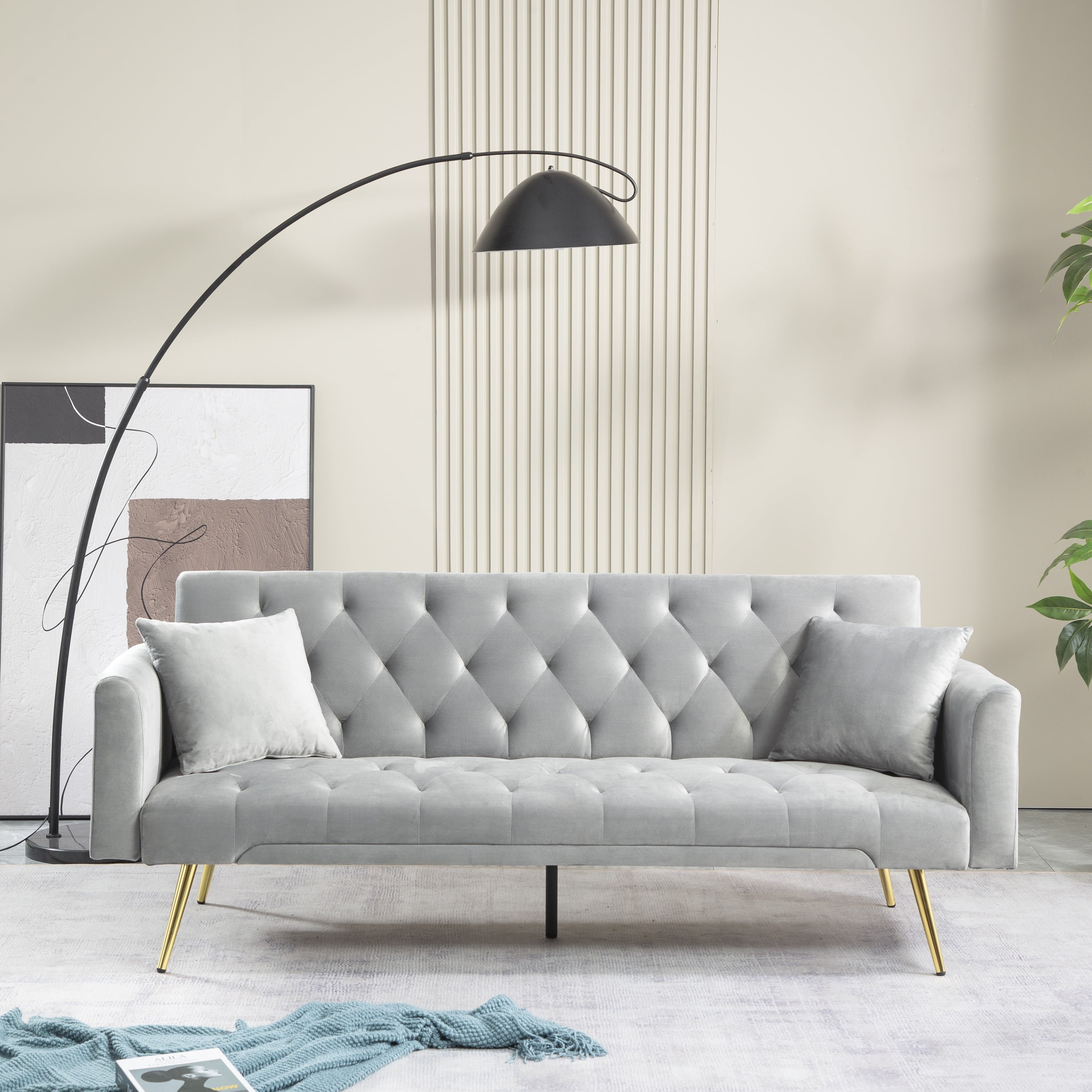 71 Inches Velvet Futon Sofa Bed with 2 Pillows,Modern Convertible Futon Couch with 3 Adjustable Backrest Angles and Gold Metal Feet,Suitable for Apartment,Living Room,Small Space,Pink