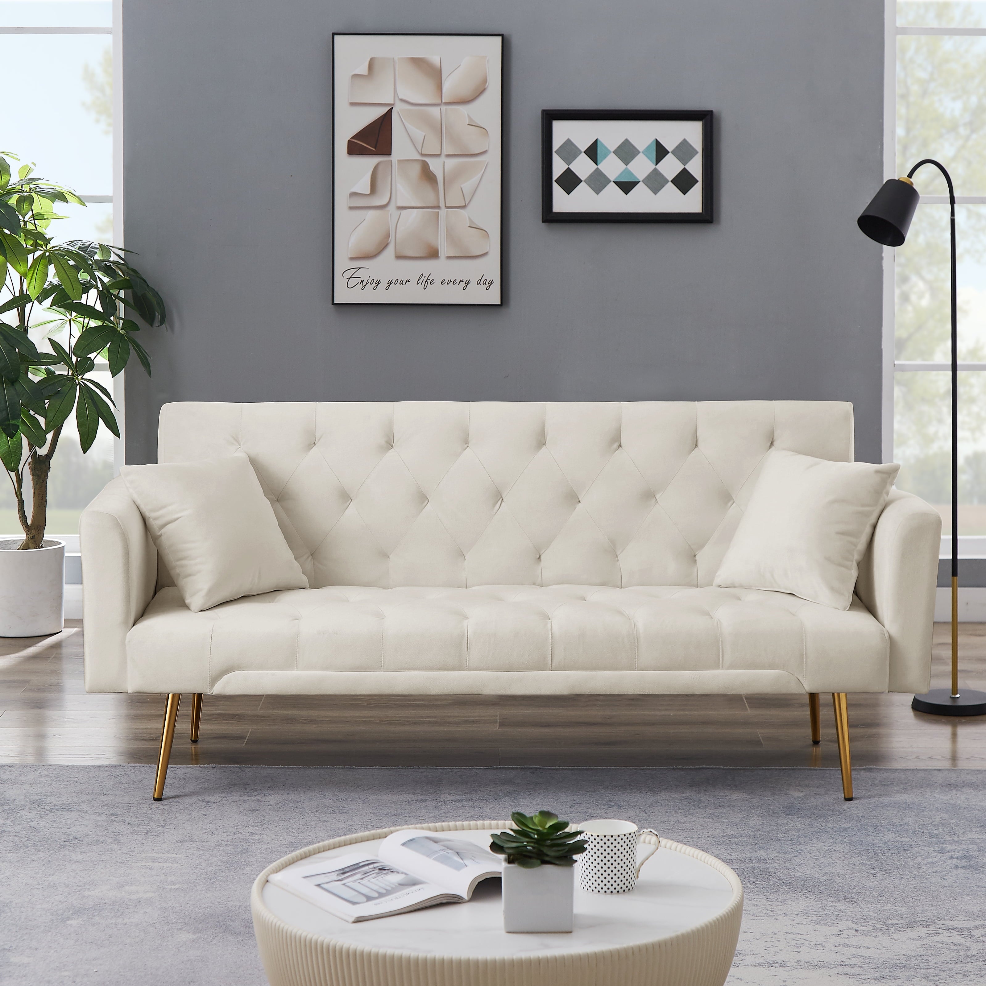 71 Inches Velvet Futon Sofa Bed with 2 Pillows,Modern Convertible Futon Couch with 3 Adjustable Backrest Angles and Gold Metal Feet,Suitable for Apartment,Living Room,Small Space,Pink