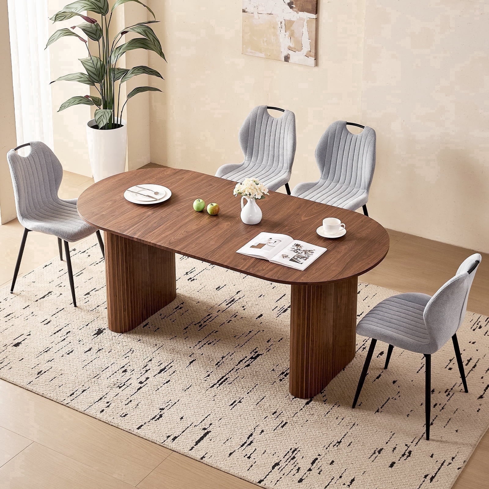 71 Natural Large Dining Table Set for 4 Modern Kitchen Table with Beige Boucle Upholstered Kitchen Chairs Set of 4