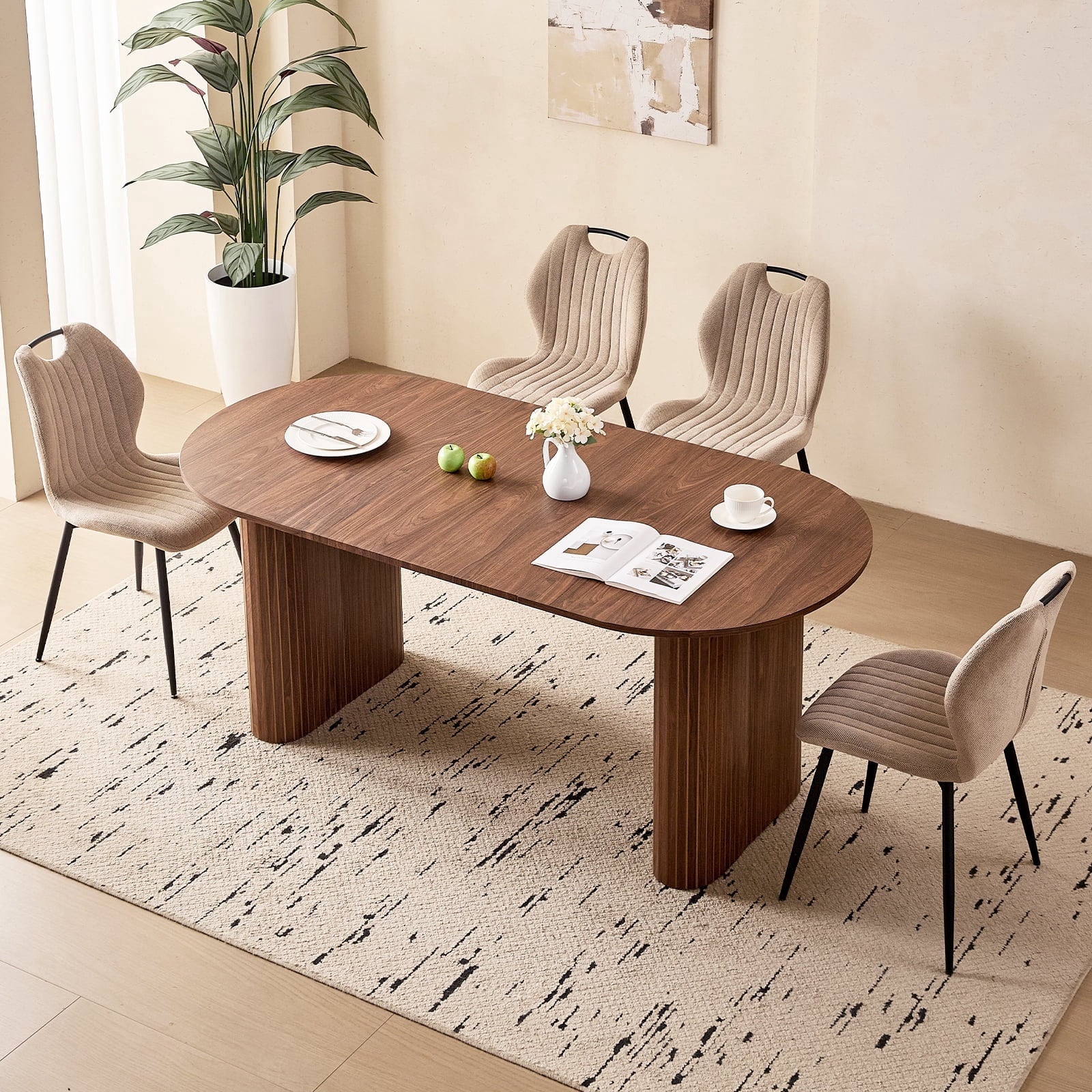 71 Natural Large Dining Table Set for 4 Modern Kitchen Table with Beige Boucle Upholstered Kitchen Chairs Set of 4