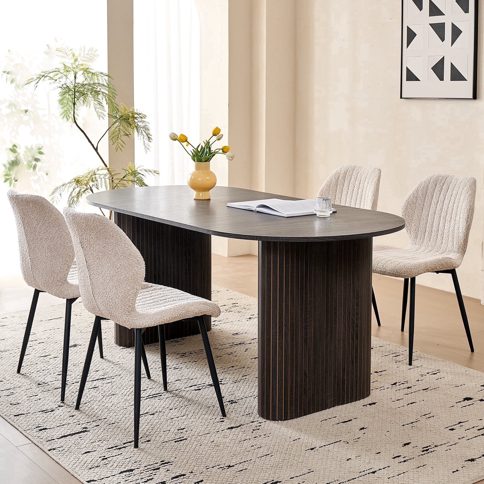 71 Natural Large Dining Table Set for 4 Modern Kitchen Table with Beige Boucle Upholstered Kitchen Chairs Set of 4