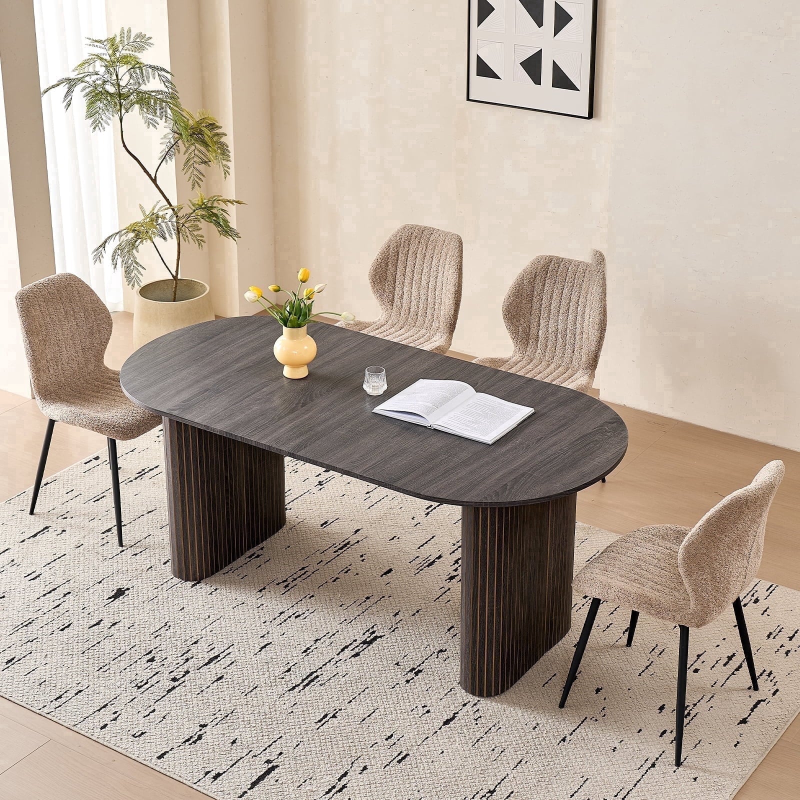 71 Natural Large Dining Table Set for 4 Modern Kitchen Table with Beige Boucle Upholstered Kitchen Chairs Set of 4
