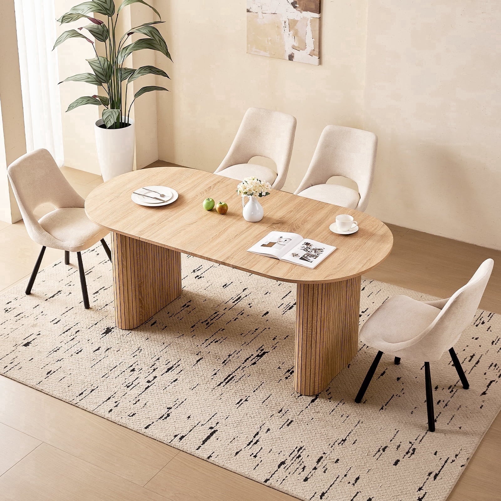 71 Natural Large Dining Table Set for 4 Modern Kitchen Table with Beige Boucle Upholstered Kitchen Chairs Set of 4