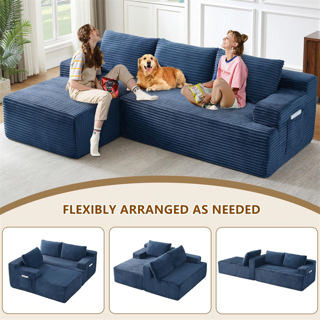 Aukfa 95 Cloud Sectional Sofa Deep Seat Boneless Couch Modular L-Shaped Couch, Left Chaise Corduroy Sofa for Living Room, Black