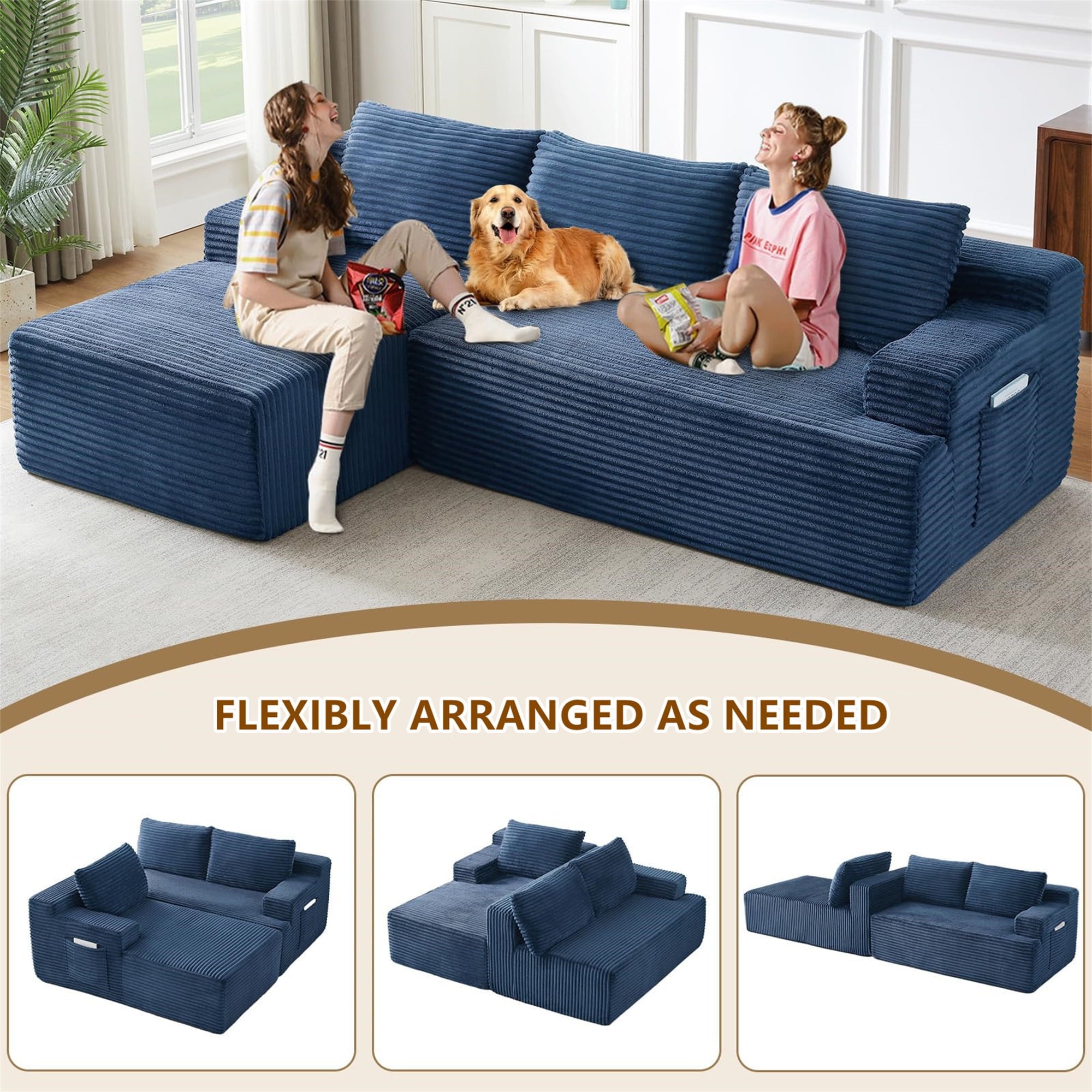 Aukfa 95 Cloud Sectional Sofa Deep Seat Boneless Couch Modular L-Shaped Couch, Left Chaise Corduroy Sofa for Living Room, Black
