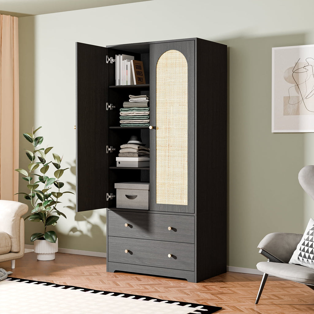 Ktaxon Wardrobe Armoire Closet with Hanging Rod, Modern Drawer & Shelf – Elegant White Finish Closet, Farmhouse to Mid-Century Style