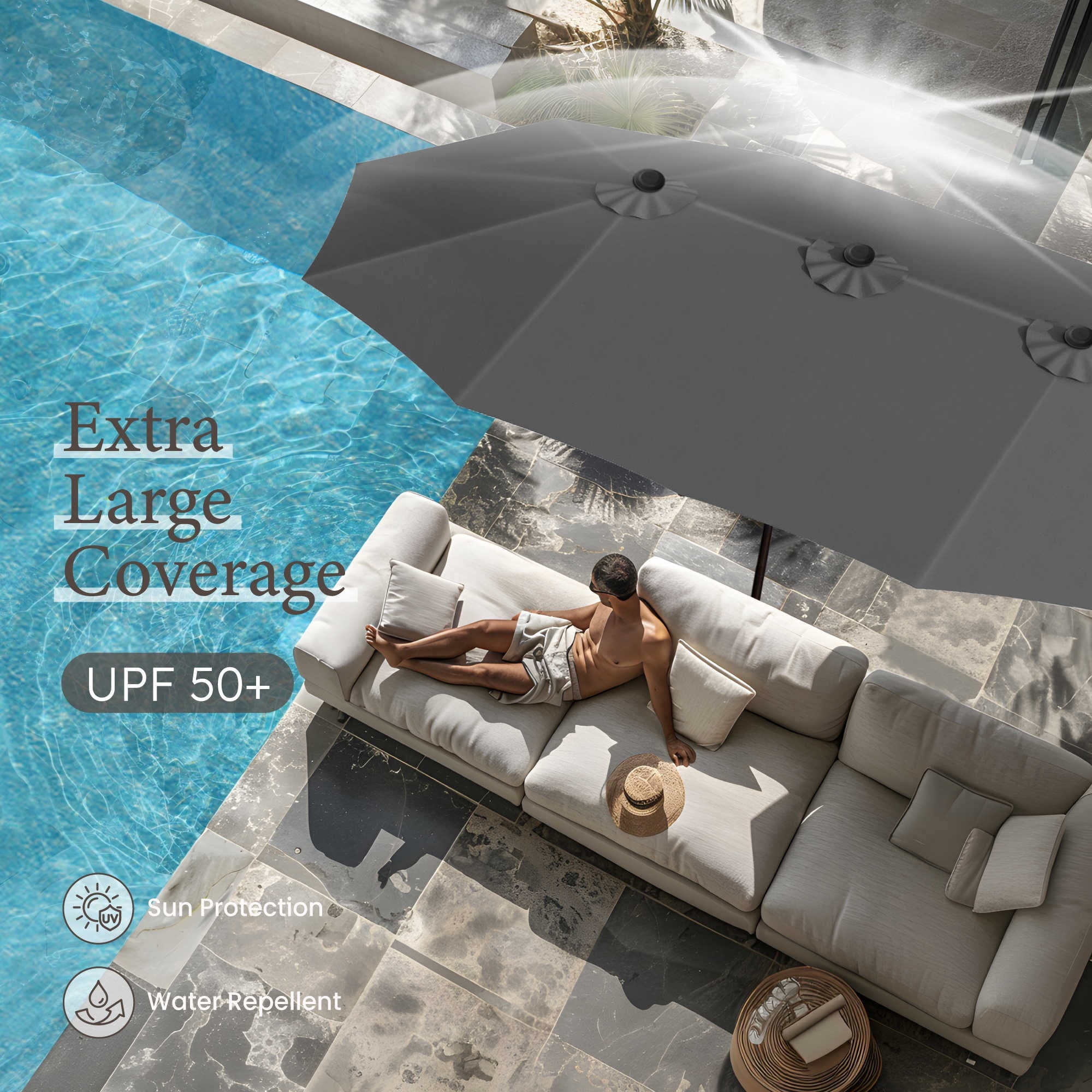 SUMMIT LIVING 13ft Large Patio Umbrella with Multi-Color LED Solar Lights Double-Sided Rectangular Outdoor Table Umbrella – Beige
