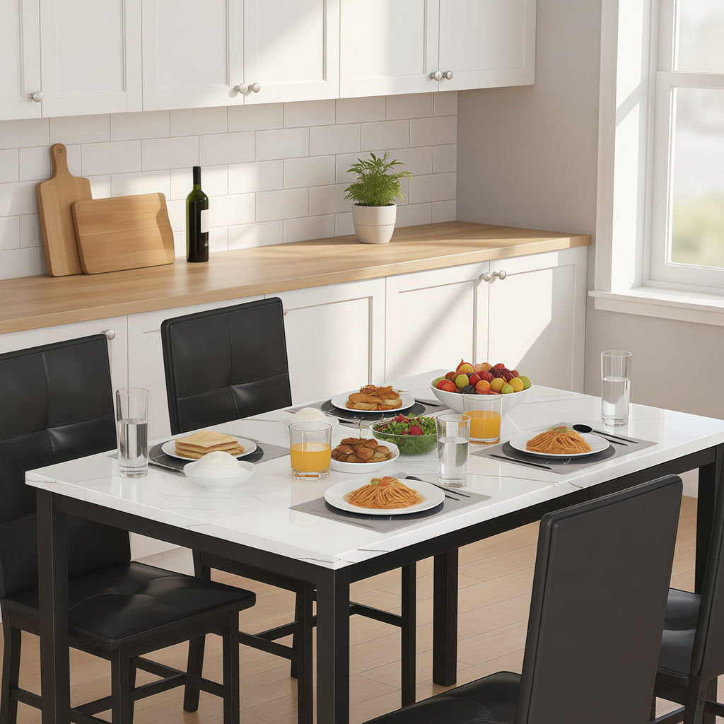 LinkRomat Dining Table Set for 4, Modern Faux Marble Tabletop and 4 PU Leather Upholstered Chairs, Kitchen Table and Chairs for Dining Room Breakfast Nook, Gray