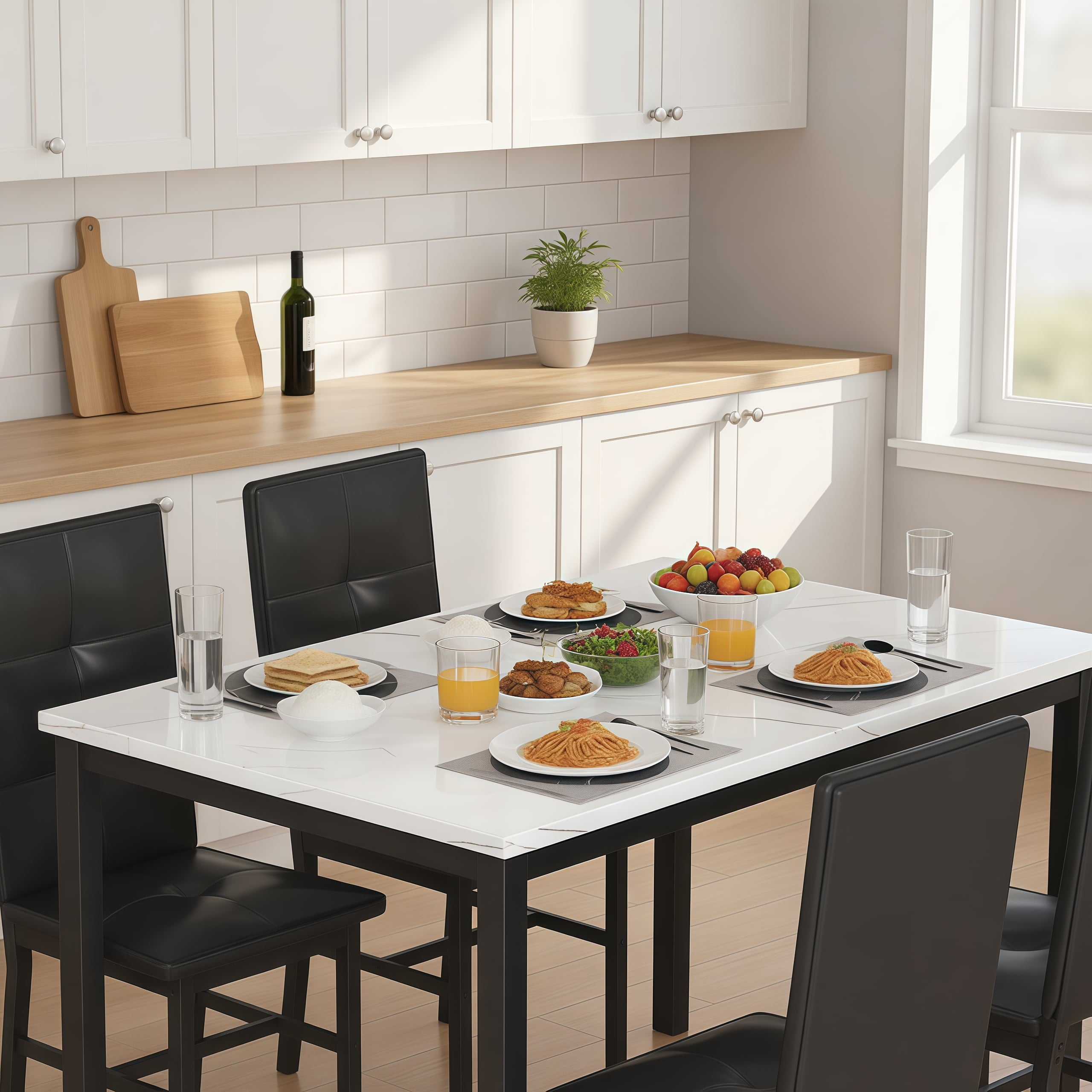 LinkRomat Dining Table Set for 4, Modern Faux Marble Tabletop and 4 PU Leather Upholstered Chairs, Kitchen Table and Chairs for Dining Room Breakfast Nook, Gray