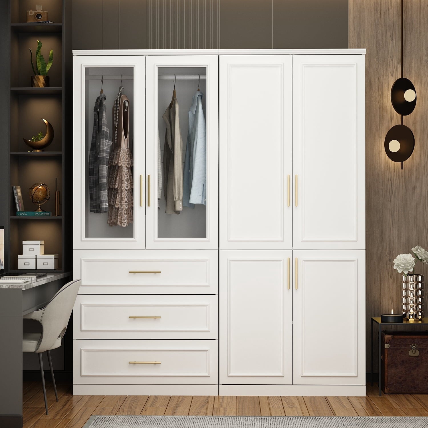 OxyLife 2 Door Wardrobe Armoire, White Closet Storage Organizer with Drawers and Shelves