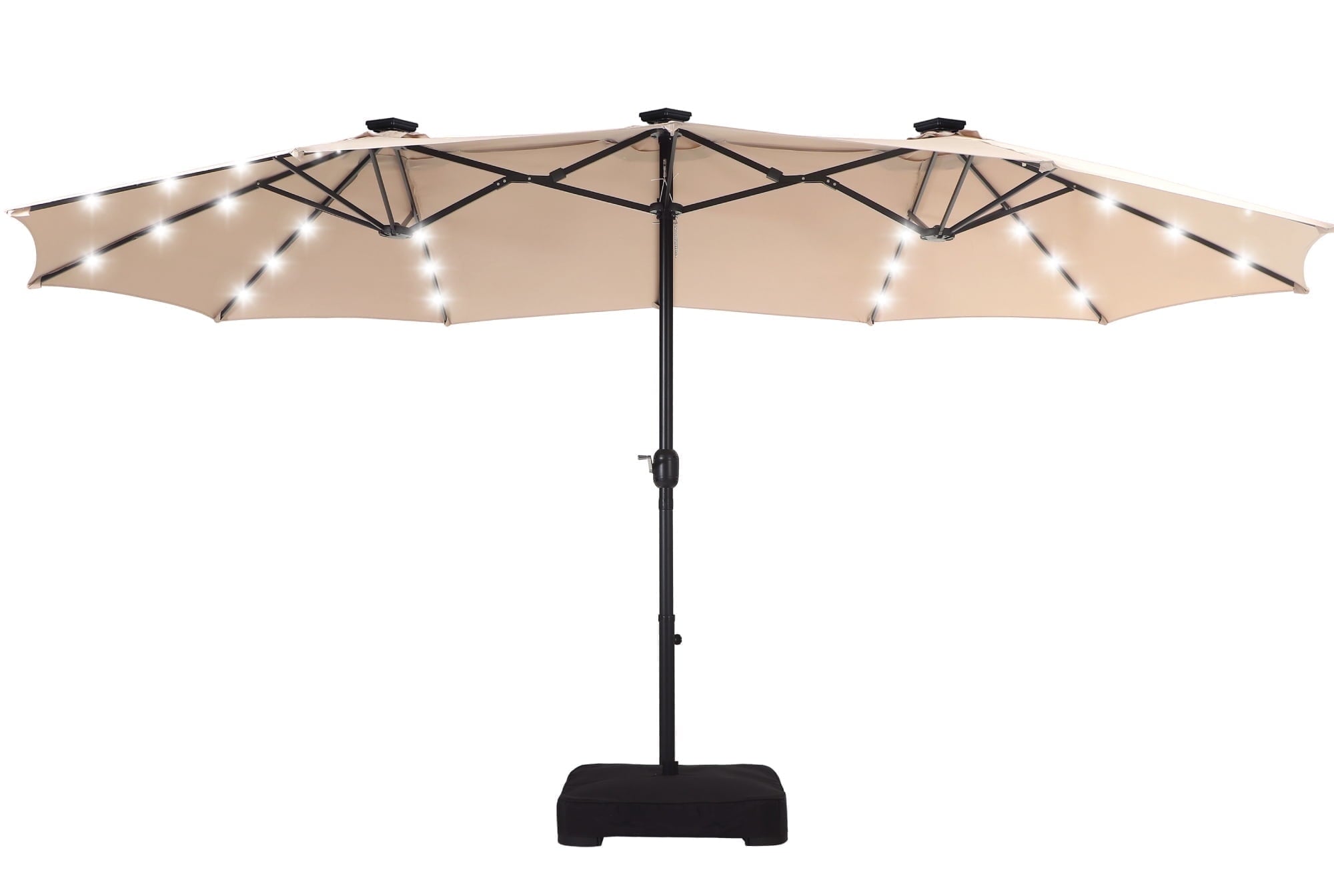 SUMMIT LIVING 15ft Double-Sided Solar Patio Umbrella with Base (Included) Large Outdoor Umbrella with Solar Lights - Beige