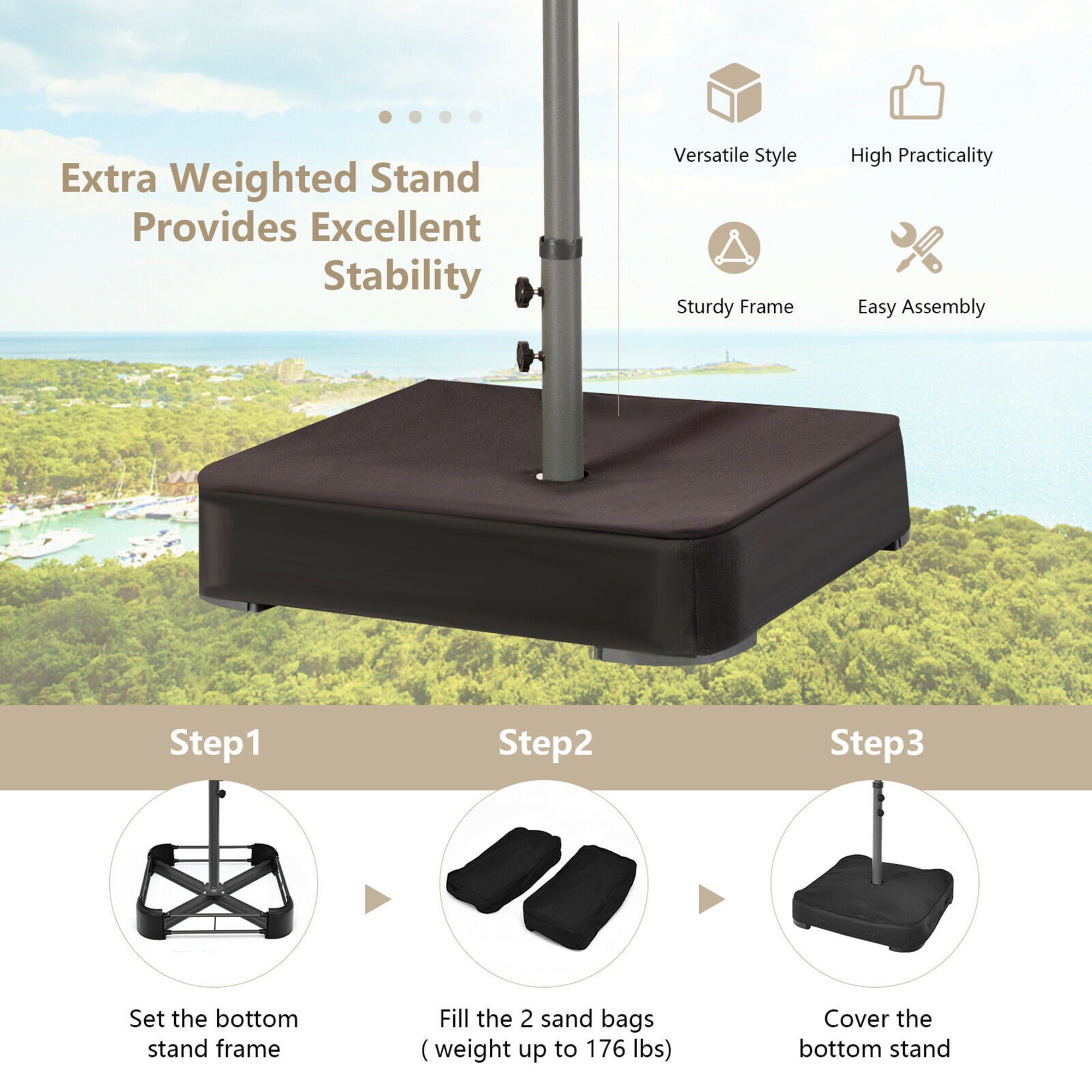 Gymax Outdoor 15' Double-Sided Patio Umbrella 48 Solar LED Lights Crank & Base Coffee