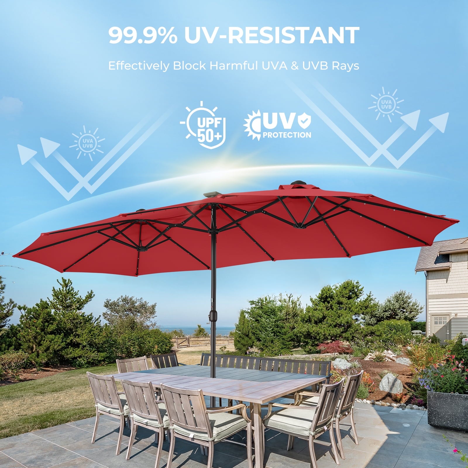 Patbrela 15ft Patio Umbrella with Light and Base, Double Sided  Large Rectangular Outdoor Umbrella with Crank Handle, for Garden, Yard, Poolside and Outdoor Activities, Gray