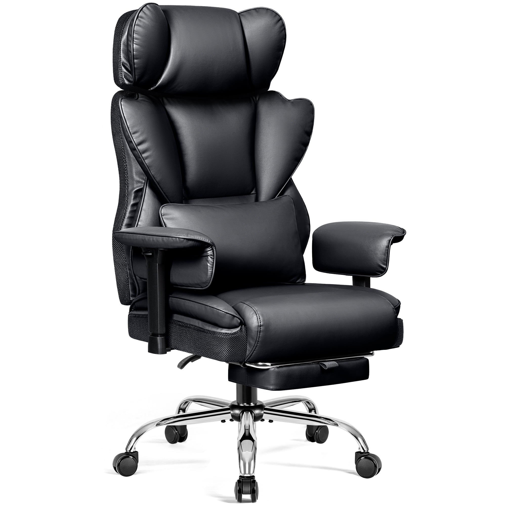 COOLHUT Big and Tall PU Leather Office Chair with Adjustable Headrest & Footrest, Executive Computer Desk Chair with 3D Adjustable Padded Armrest, Ergonomic Office Chair with Lumbar Support, Black