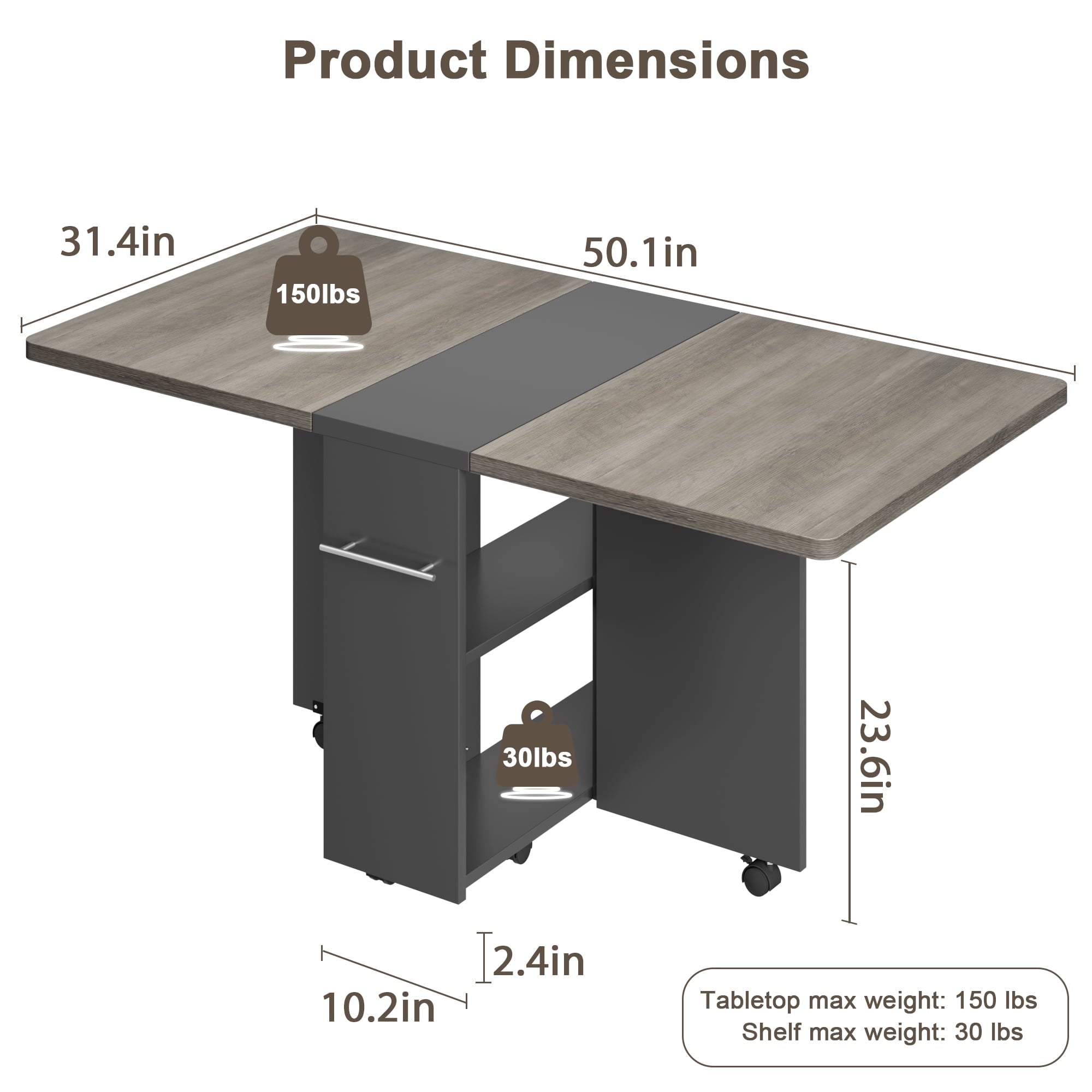 Folding Dining Table with 2 Tier Storage, Extendable Kitchen Table, Drop Leaf Table, Rectangle Dining Room Tables Set for 4, Space Saving Collapsible Expandable Dinner Kitchen Office Furniture