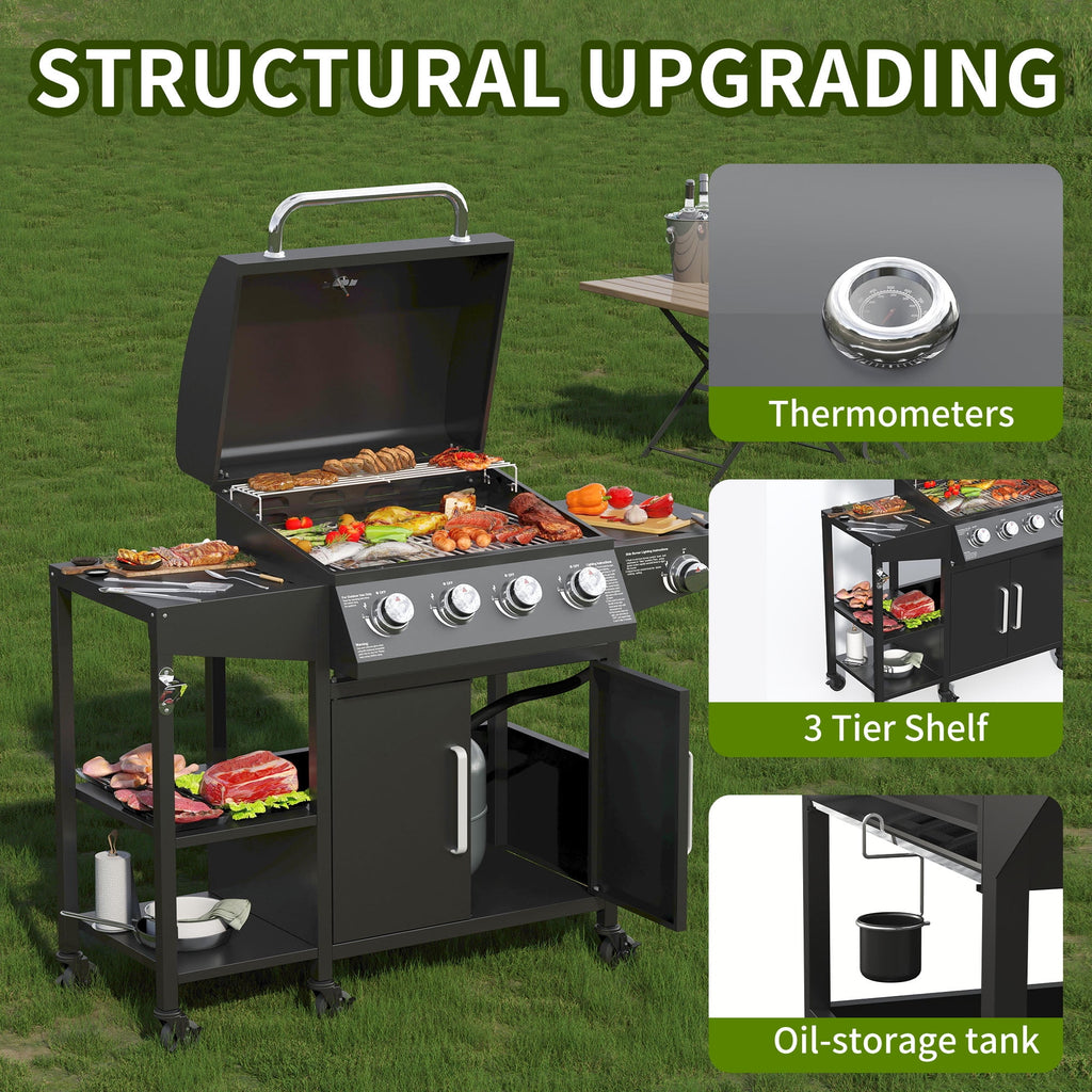 4 Burner Propane Gas Grill with 3 Tier Shelf, 50000 BTU Outdoor Cooking Stainless Steel BBQ Grills Cabinet,Can be Placed Smoke Box，Black