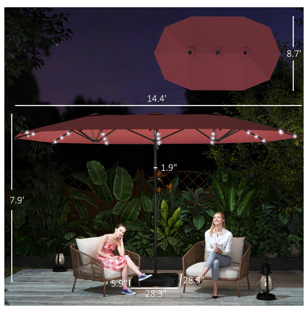 Garden Parasol 14.4ft Double Canopy, Solar LED Patio Umbrella with Base, Wine Red, Outdoor Sun Shade with Crank, Large Steel Frame for Garden, Deck, Backyard