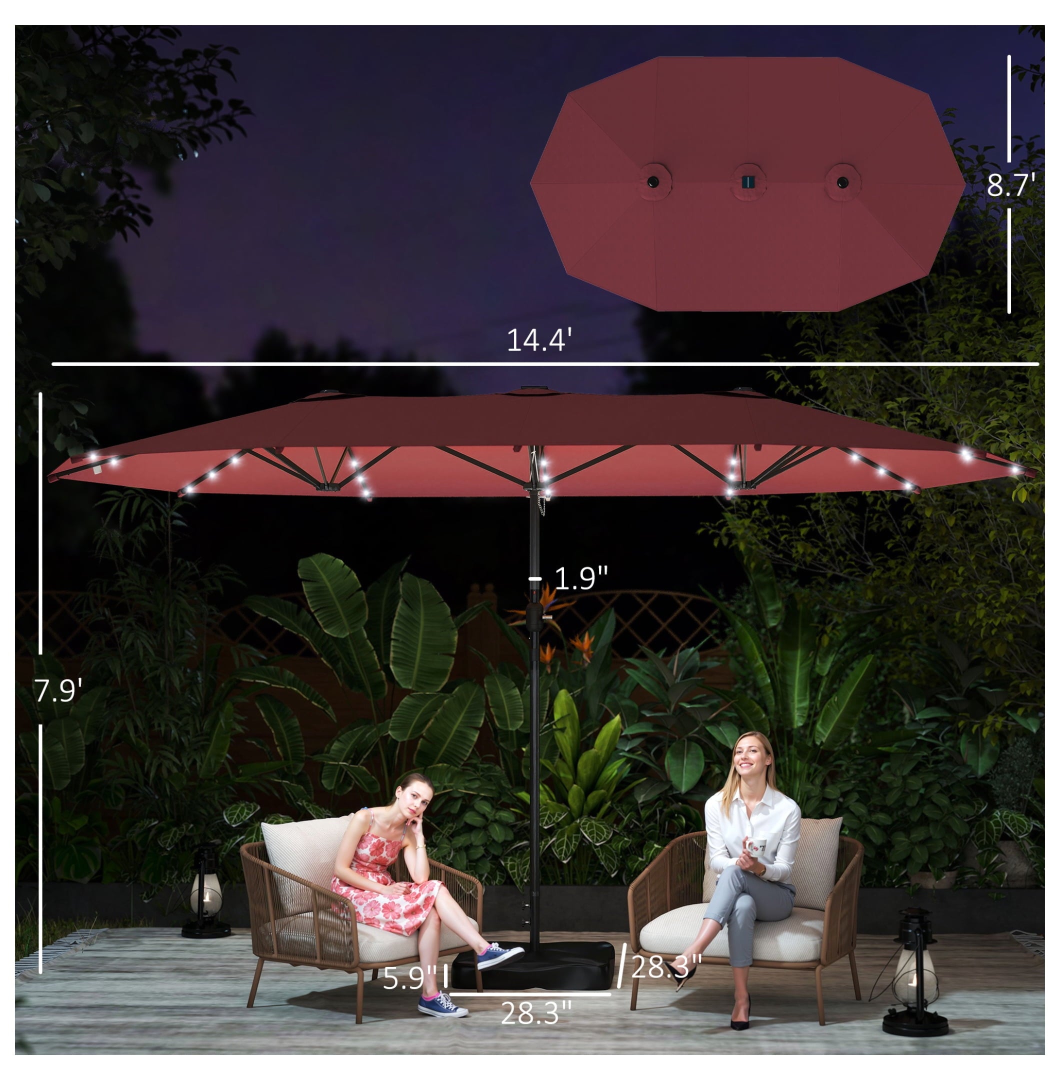 Garden Parasol 14.4ft Double Canopy, Solar LED Patio Umbrella with Base, Wine Red, Outdoor Sun Shade with Crank, Large Steel Frame for Garden, Deck, Backyard
