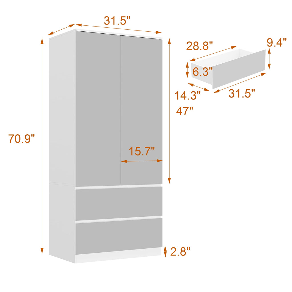 Wiawg 2 Door Wardrobe Armoire,Mirrored Closet Storage with Drawers and Shelves,White