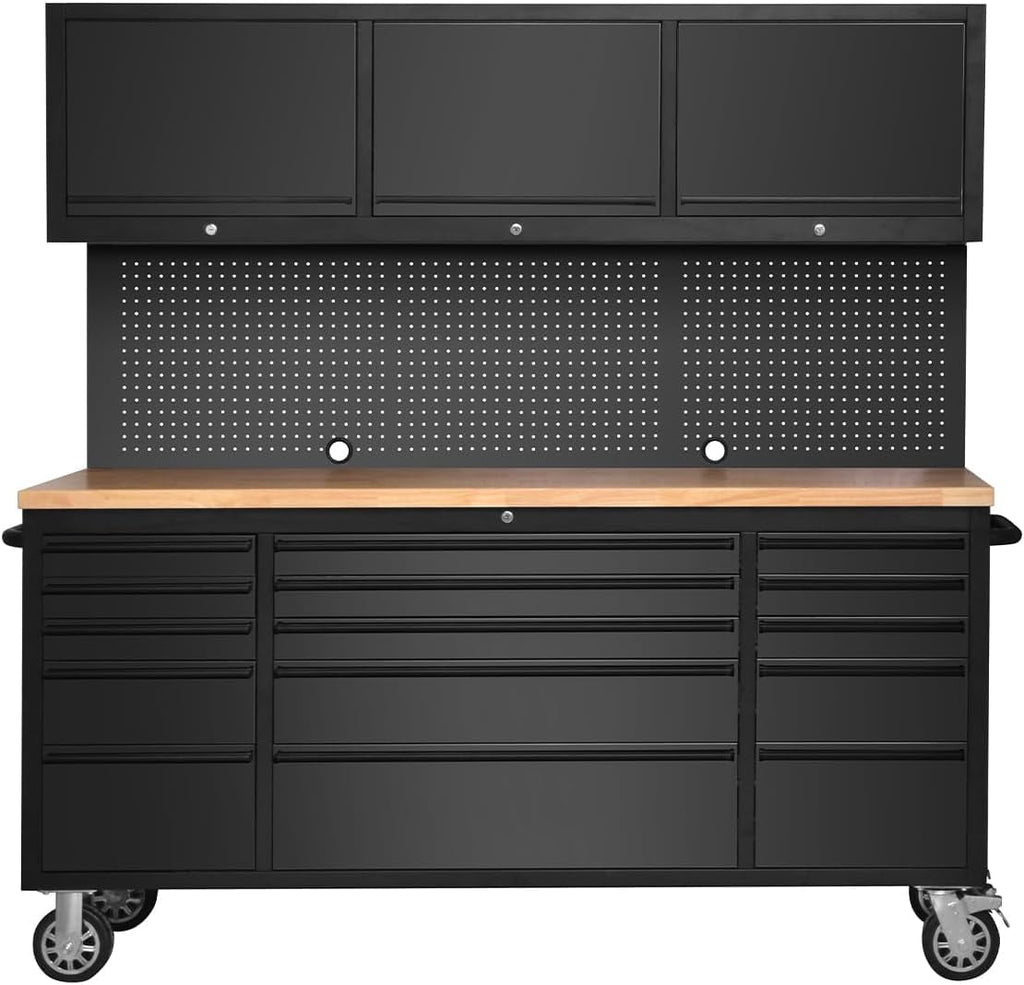 72-inch Rolling Tool Chest Cabinet Garage Workbench with 15 Storage Drawers and Wheels, 3 Upper Cabinet, Pegboard, Steel Large Tool Box for Garage Workshop, Matte Black