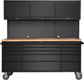 72-inch Rolling Tool Chest Cabinet Garage Workbench with 15 Storage Drawers and Wheels, 3 Upper Cabinet, Pegboard, Steel Large Tool Box for Garage Workshop, Matte Black