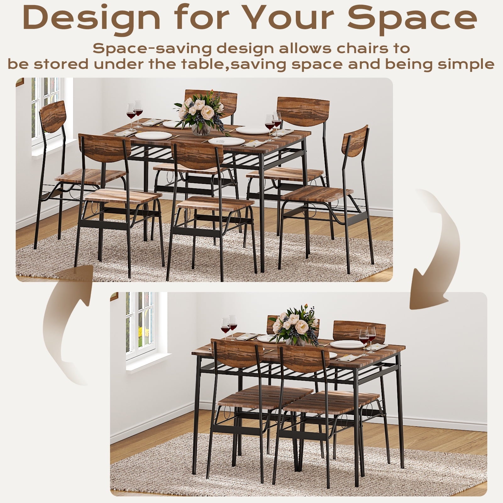 Ktaxon Dining Table Set for 4/6 with Storage Racks, Dining Room Table Set for 4/6 Modern Design, Kitchen Table and Chairs for Home Kitchen, Natural Wood