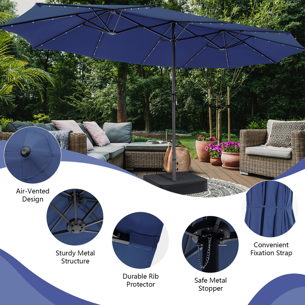 Gymax Outdoor 15' Double-Sided Patio Umbrella 48 Solar LED Lights Crank & Base Coffee