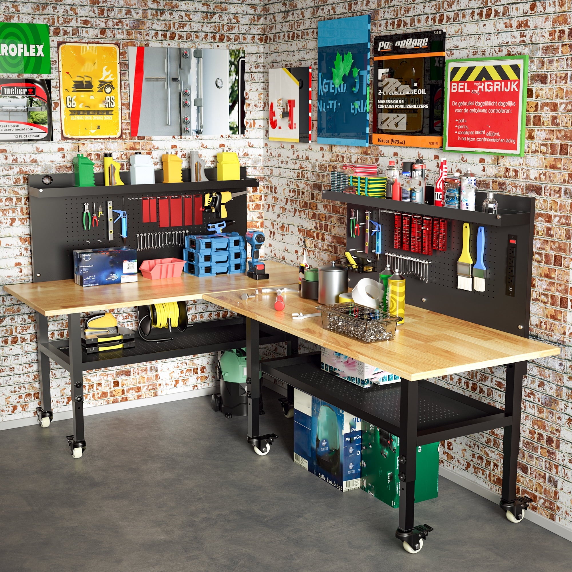 Joywind 60 Heavy-Duty Adjustable Workbench with Locking Wheels, Power Strip & Pegboard – Rubber Wood Work Table for Garage, Workshop, Home Office