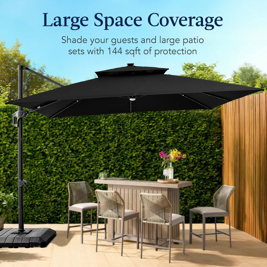 Best Choice Products 12x12ft 2-Tier Square Outdoor Solar LED Cantilever Umbrella w/ 360-Rotating Base   Gray