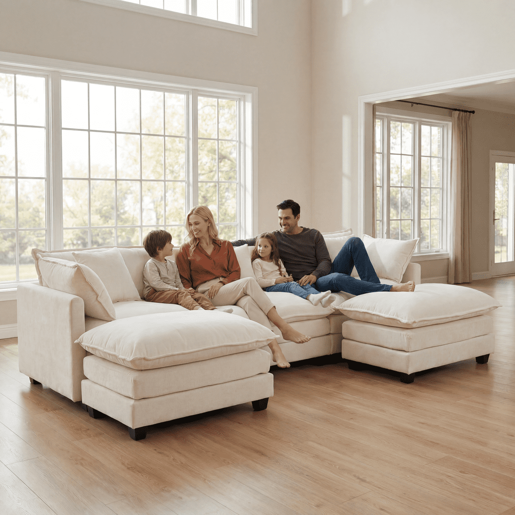Dioepic Cloud Chenille 3-Seat Living Room Sectional Sofa Modern Cloud Couch 111.4 with Ottoman & 3 Pillows, Grey