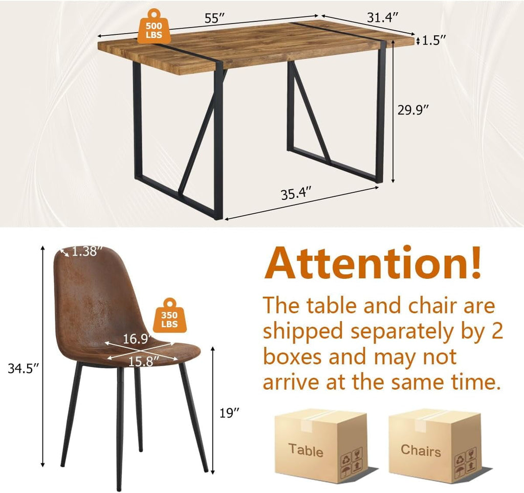 JUFU 55 Dining Table Set for 4, Modern Table and Chairs Set of 4, 5 Piece Dining Table Set Include Wooden Kitchen Table and 4 Faux Leather Chairs Ideal for Kitchen Dining Room Easy to Assemble