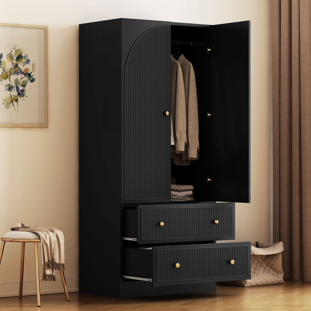 Wirrytor Freestanding Wooden Armoire Wardrobe with 2 Woven Doors and Storage Drawers, Space-Saving Closet Cabinet for Bedroom, Sturdy Mdf Board Closet with Hanging Rail