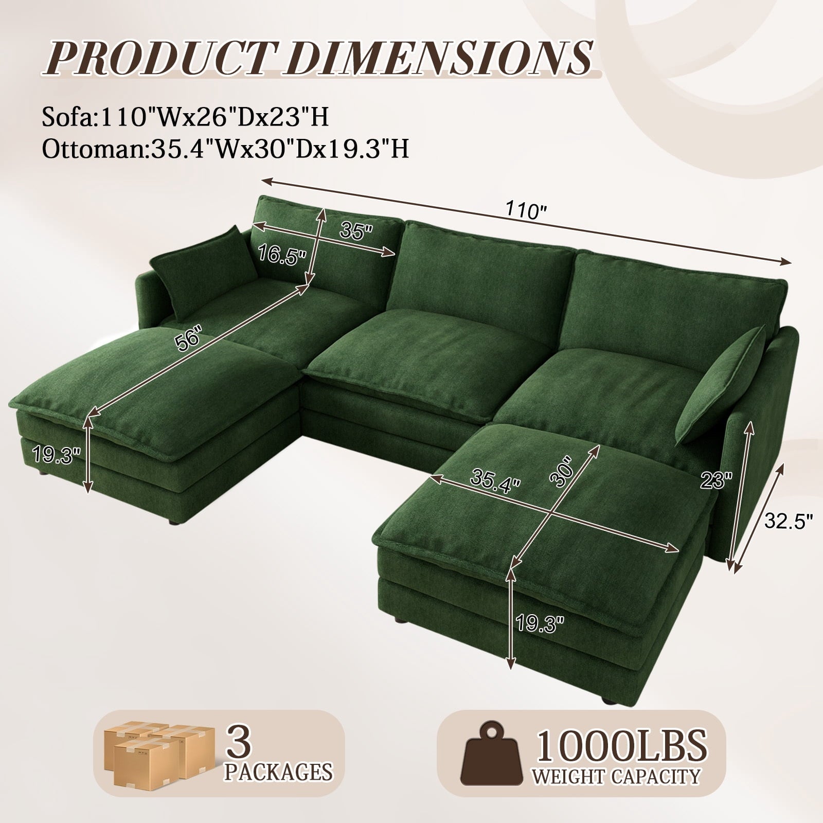 Muumblus Sectional Sofa Cloud Couch with Reversible Ottoman, L-Shaped Chenille Sofa for Living Rooms, Beige