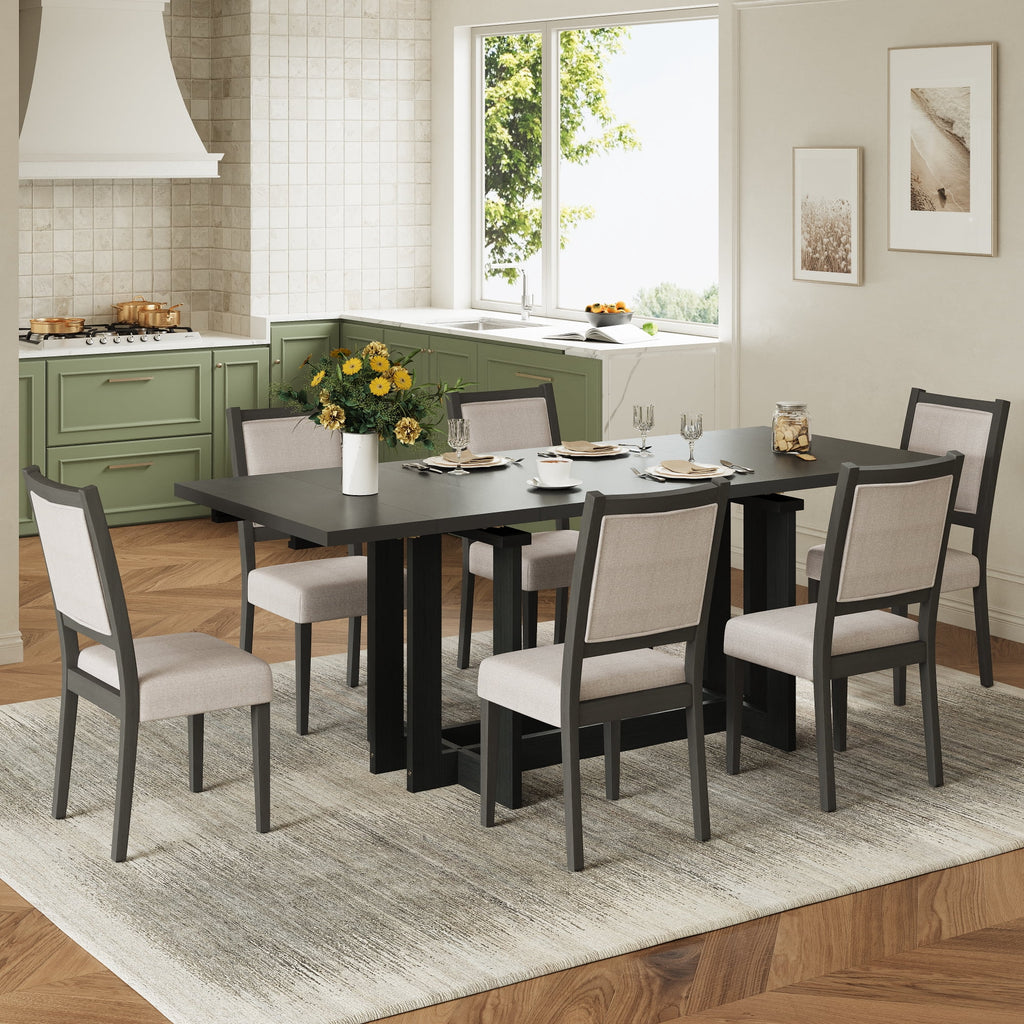 Harper & Bright Designs 7 Pieces Retro Dining Set for 6, Wood Rectangular Table with Designed Trestle Base and 6 Upholstered Chairs for Dining Room and Kitchen, Grey