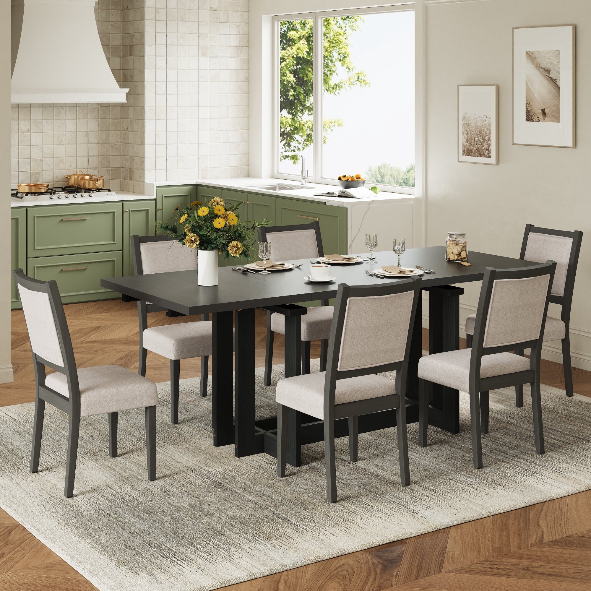 Harper & Bright Designs 7 Pieces Retro Dining Set for 6, Wood Rectangular Table with Designed Trestle Base and 6 Upholstered Chairs for Dining Room and Kitchen, Grey