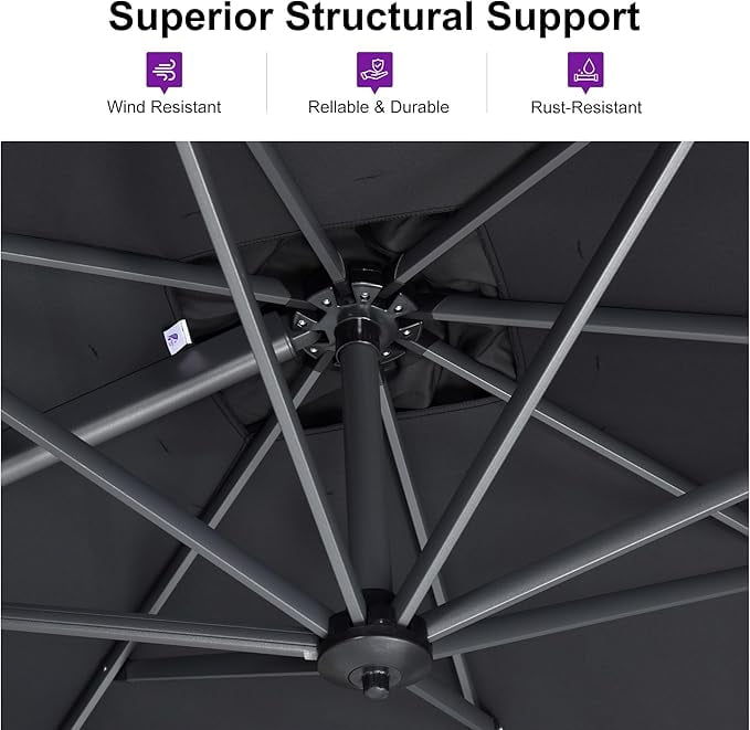PURPLE LEAF 10x10 Ft Cantilever Umbrella Square Outdoor Patio Umbrella Large Offset Hanging Umbrella Aluminum Umbrella with 360°Rotation Adjustable Garden Pool Umbrella,Gray