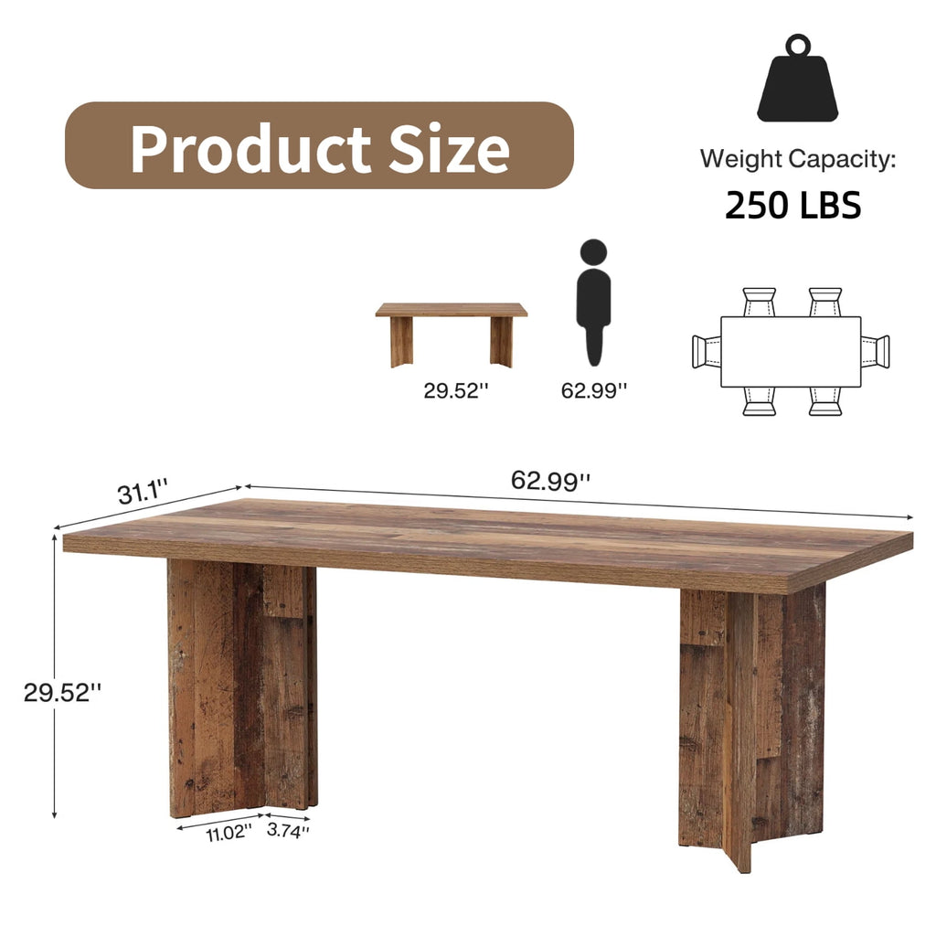 Fnova 63 Rectangular Modern Dining Table, Wooden Modern Kitchen Table for 6 People for Dining Room, Warm Brown (Chairs Not Included)