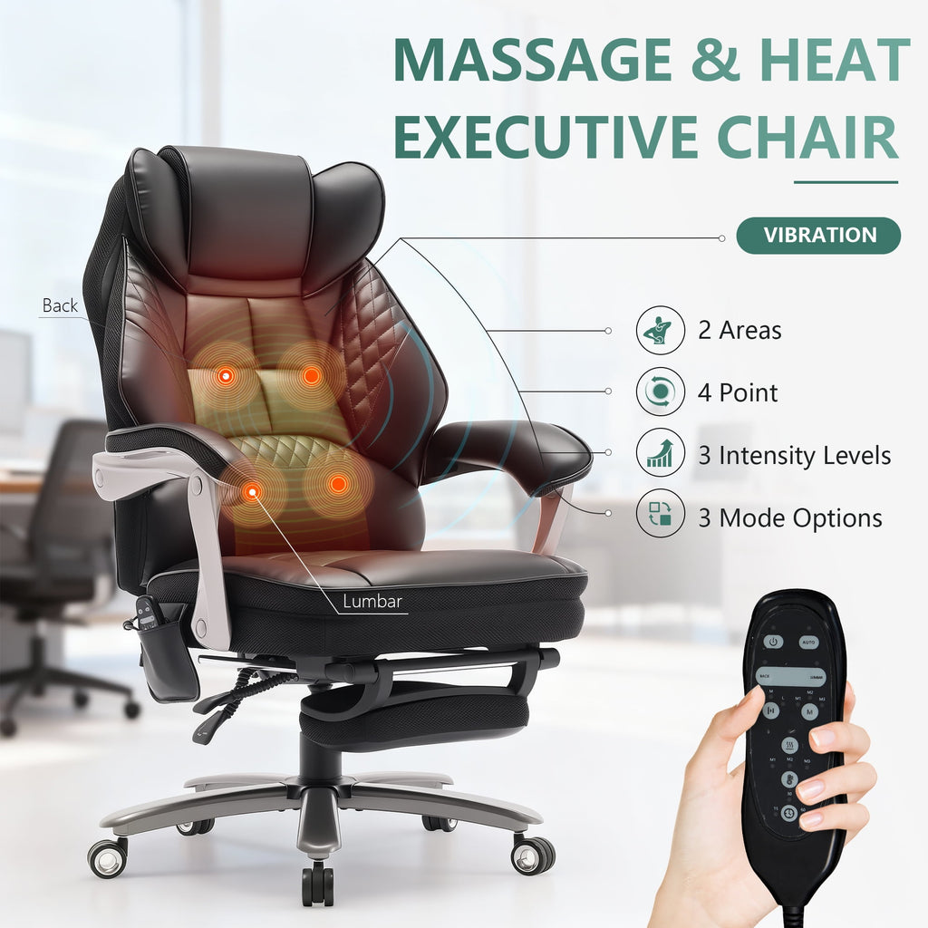 EOP Massage Office Chair with Heat and 4 Vibration Points, Ergonomic Executive Desk Chair with Adjustable Footrest, Big and Tall Swivel Computer Chair, Reclining Back, Black
