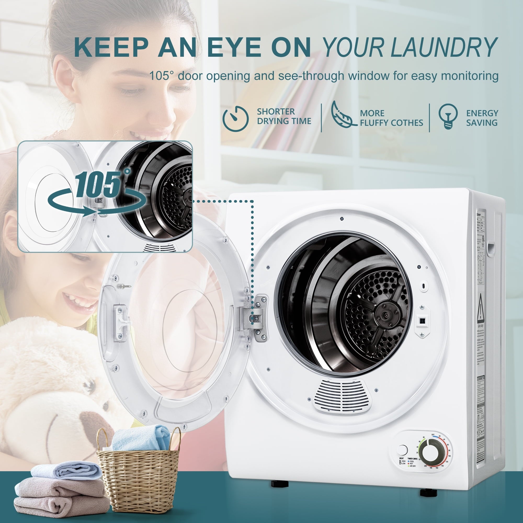 Simzlife 1.6 Cu. ft. Portable Clothes Dryer, Electric Compact Dryer Machine, 19.5 in W, 23.6 in H